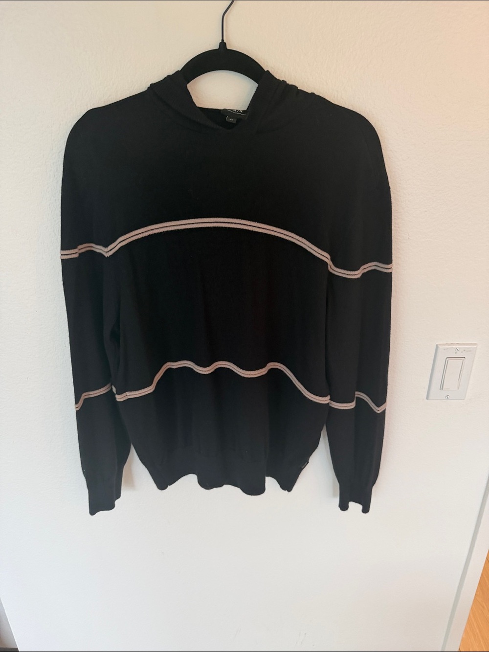 Armani Exchange Black Crewneck hoody Sweater with and Beige Contrast Stripes